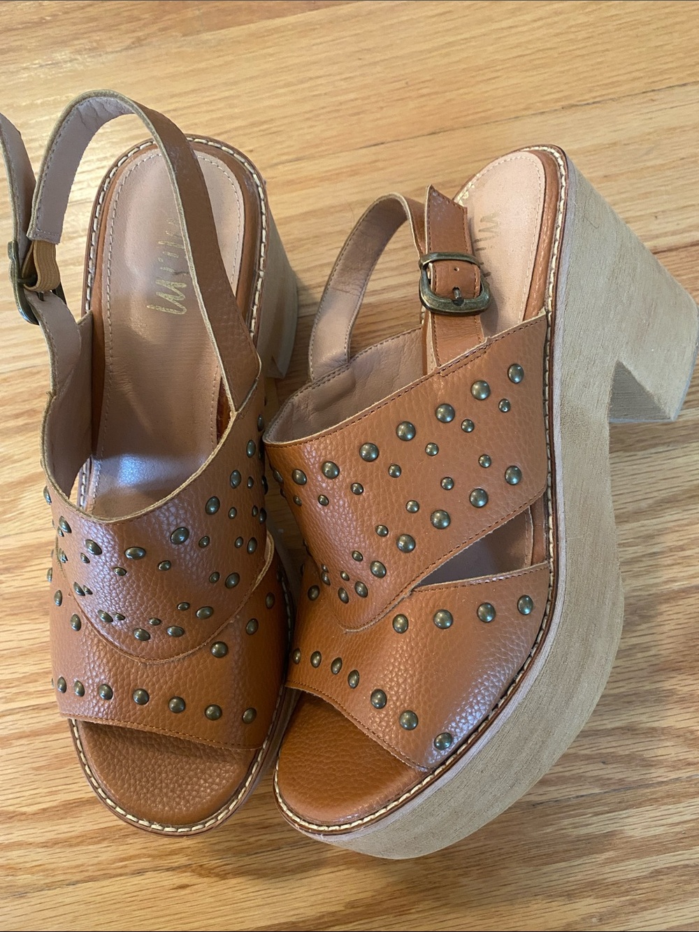 Tan Studded Leather Platform Slingback Sandals - Picture 2 of 4
